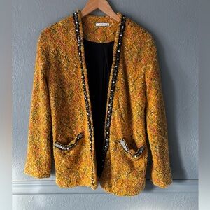 Zara Textured Open-Front Cardigan Jacket with Beaded Trim – Small